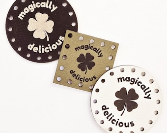 Magically Delicious St Patty's Day Patches ~ Irish Tags ~ Labels for Crochet and Knit ~ 18+ colors ~ 4 sizes ~ Cup Cozy and Beanie Patches