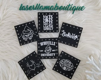 2022 Grinch themed 2"x2" patches/Faux Leather labels for Handmade items/Crochet/Knit/Knitting Machine/Christmas Tags/Holiday Patches