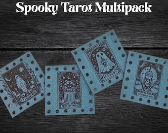 Spooky Tarot Multipack ~ Set of 4 ~ Halloween Faux Leather Crochet Patch ~ Sew On Knit Labels ~ Various Size & Colors