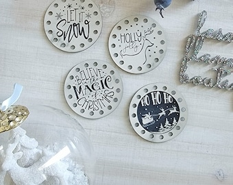 Round Santa Tags/Round Christmas Patches 2"/4 pack/Labels for ornaments, stockings, cup cozies/Crochet, Knit, Knitting Machine