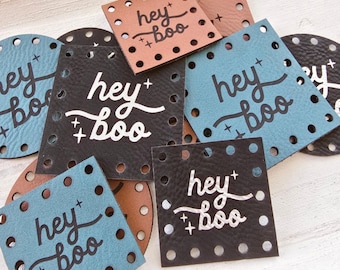 Hey Boo ~ Halloween Faux Leather Crochet Patch ~ Sew On Knit Labels ~ Various Size & Colors