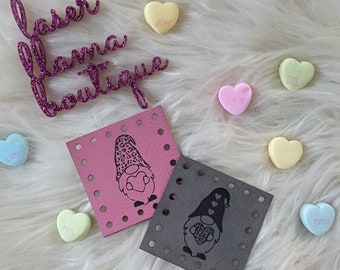 Gnome Love Patches/Vegan Faux Leather/Valentine Gnome Tags/Labels for Handmade Items/Crochet/Knit/Sew/2 shapes/15 colors/Multiple Sizes