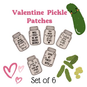 May include: Set of six Valentine's Day pickle-themed gift tags. Each tag features a mason jar with a different pickle-themed message. The tags are made of brown paper and have a distressed look. The text on the tags includes phrases like "You're my kind of pickle", "Will you be my Valentine-brine?", "You mean a great dill to me!", "I relish my time with you!", "I'd pick-le you over any other cuke!" and "Love at first bite!"