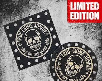 True Crime Junkie~Stay On My Good Side~Halloween Patches~Faux Leather Tags~18 Color Choices~Labels for Crochet~Knit~Handmade