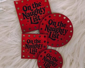 Christmas Patch for Handmade Items: On the Naughty List - Faux Leather - for Crochet and Knit - 20+ colors - multiple sizes