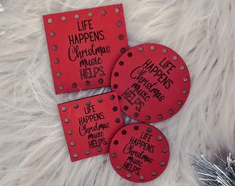 Christmas Patch for Handmade Items: Life Happens Christmas Music Helps - Faux Leather - for Crochet and Knit - 20+ colors - multiple sizes