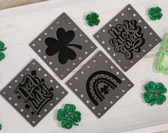 Featured listing image: I Feel Lucky Patch Set/15 Colors Vegan Faux Leather/4 Designs/2 Sizes/Labels for Handmade Crafts/St. Patty's Day labels for Crochet/Knit/Sew