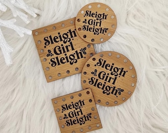Christmas Patch for Handmade Items: Sleigh Girl Sleigh - Faux Leather - for Crochet and Knit - 20+ colors - multiple sizes