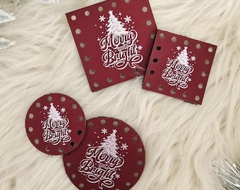 Christmas Patch for Handmade Items: Merry and Bright Tree - Faux Leather - for Crochet and Knit - 20+ colors - multiple sizes