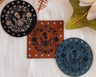 Fall Skeleton Wreath Hat Patch ~ Crochet, Knit, Sew On Tags for Handmade Items ~ Autumn Fall Halloween Labels ~ Multiple Sizes ~ 18 colors