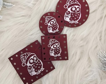 Christmas Patch for Handmade Items: Christmas Owl - Faux Leather - for Crochet and Knit - 20+ colors - multiple sizes