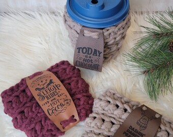 Cup Cozy Hot Cocoa Winter Handles~Faux Leather~Set of 5~5 color choices~Crochet and Knit Cup Cozy add on Handle for easy holding