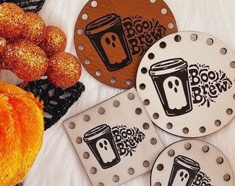Boo Brew Cozy Patch ~ Crochet, Knit, Sew On Tags for Handmade Items ~ Autumn Fall Halloween Labels ~ Multiple Sizes ~ 18 colors