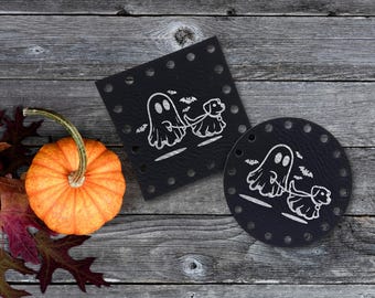 Ghost Walking Dog ~ Crochet Patches ~Knitting Tags ~ Halloween Fall Autumn Patches ~ Multiple Sizes ~ 20+ colors ~ Spooky Beanie Tags