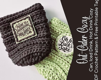 Out-Cider Cup and Can Cozy Crochet Pattern ~ PDF Download ~ Beginner Crochet Pattern ~ Includes Printable Hang Tags for Markets & Gifts