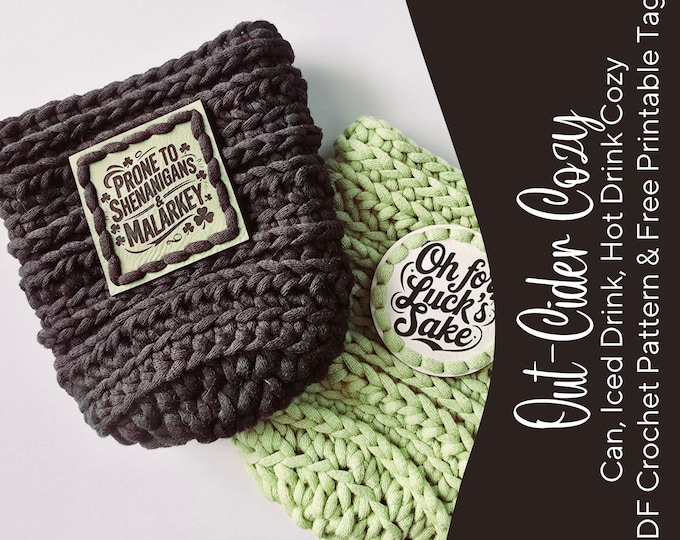 Featured listing image: Out-Cider Cup and Can Cozy Crochet Pattern ~ PDF Download ~ Beginner Crochet Pattern ~ Includes Printable Hang Tags for Markets & Gifts