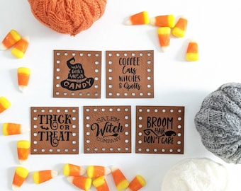 Halloween Saying Patches for Handmade items/5pk-2"x2" Labels/Tags for Crochet Knit or Sew/for Beanies, Cozies, Blankets, Baskets-Pack #4