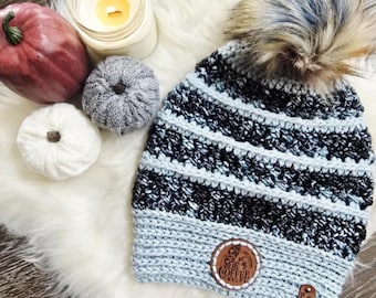 Handmade Crochet Beanie: Falling Leaves with Pom - Adult Small/Teen Size - Hand dyed Super Wash Merino Wool