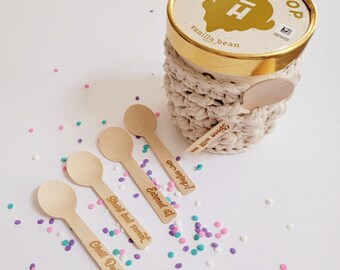 Fancy Compostable Wooden Ice Cream Spoons/Engraved Dessert Spoons/Perfect for Cozies/Crochet Ice Cream Cozy Embellishment