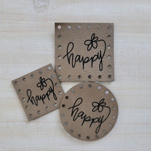 Happy Spring Flower Vegan Faux Leather Patch/3 sizes/16 colors/Single or 4 Pack/Knit Tags/Crochet Labels/Patches for Handmade Crafts