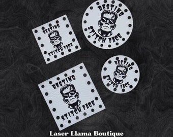 Frankenstein Resting Stitch Face ~ Halloween Patches ~ Faux Leather Tags ~ Handmade Labels for Crochet, Knit and Sew ~ 18 colors ~ 4 sizes