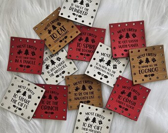 Most Likely To Christmas Patches ~ Single, 5pack, 10 pack ~ Choose Your Sayings ~ Holiday Tags for Crochet and Knit ~ Beanie and Hat Labels