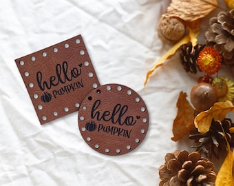 Hello Pumpkin ~ Crochet Patches ~Knitting Tags ~ Halloween Fall Autumn Patches ~ Multiple Sizes ~ 20+ colors ~ Pumpkin Patch