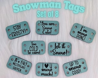 Snowman Amigurumi Faux Leather Tags: Set of 8 Crochet Christmas 1.25" x 0.75"