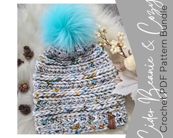Cider Beanie Crochet Pattern PDF Download - Bulky and Super Bulky yarn variations - Bonus Cup Cozy Pattern - 3 Sizes - Advanced Beginner