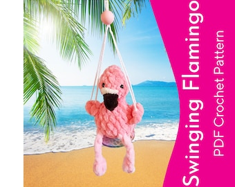 Freddy the Swinging Flamingo ~ Crochet Car Charm Pattern ~ PDF instant download ~ Low Sew ~ Scrap Buster ~ Hanging Rear View Mirror Flamingo