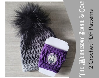 CROCHET PATTERN-Wednesday Cup Cozy & Beanie***2 PDF instant downloads***Crochet Travel Cup Cozy Pattern and Beanie**Intermediate Pattern***