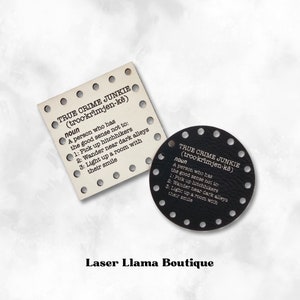 May include: Two coasters, one square and one round, with the text "TRUE CRIME JUNKIE" and a definition. The square coaster is off-white with black text and holes around the edges. The round coaster is black with white text and holes.