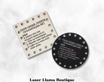 True Crime Junkie~Definition~Halloween Patches~Faux Leather Tags~18 Color Choices~Labels for Crochet~Knit~Handmade