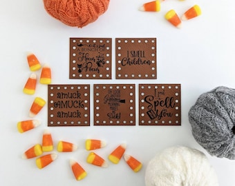 Halloween Saying Patches for Handmade items/5pk-2"x2" Labels/Tags for Crochet Knit or Sew/Tags for Beanies, Cozies, Blankets, Baskets-Pack 2