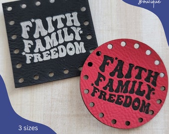 Faith Family Freedom Vegan Leather Patches for Handmade Items/Patriotic/Independence Day Crochet Knit Tags/USA Labels/Cozies, Bags, & More