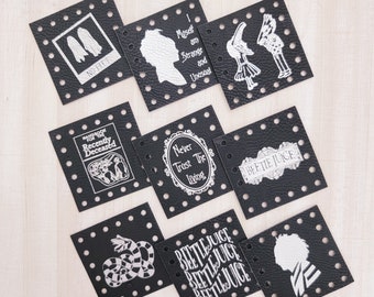Beetlejuice Combo Patches/Handmade items/9pk-2"x2" Lables/Tags for Crochet Knit or Sew/Tags for Beanies, Cozies, Blankets, Baskets