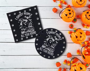 Ghost People All Year ~ Crochet Patches ~Knitting Tags ~ Halloween Fall Autumn Patches ~ Multiple Sizes ~ 20+ colors ~ Spooky Beanie Tags
