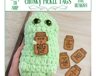 Chunky Pickle Tags~Crochet Amigurumi Emotional Support Pickle Tags~Set of 5 or 7~Punny Pick Me Up Pickle Patches~Faux Leather/Ready to Ship