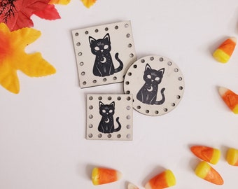 Mystic Black Cat Faux Leather Patches/3 sizes/16 colors/Single or 4 pack/Knit Tags/Crochet Labels/Patches for handmade crafts