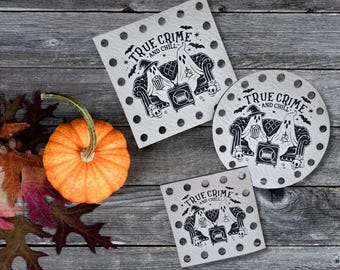 True Crime and Chill ~ Crochet Patches ~Knitting Tags ~ Halloween Fall Autumn Patches ~ Multiple Sizes ~ 20+ colors ~ Spooky Beanie Tags
