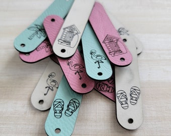 Summer Rivet Tags/Freezer Pop, Ice Cream Cozy Tags/8 pack/4 colors/Faux Leather/Sew On or Rivet attachment/Crochet Tags