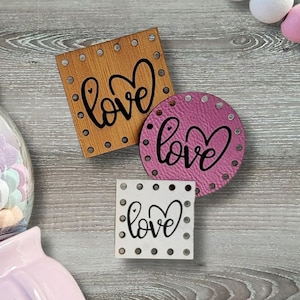 Love Cursive Patches ~ Valentine Tag ~ Galentine Labels ~ 18 color choices ~ 3 sizes ~ Vegan Faux Leather ~ Handmade ~ Crochet ~ Knit