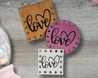 Love Cursive Patches ~ Valentine Tag ~ Galentine Labels ~ 18 color choices ~ 3 sizes ~ Vegan Faux Leather ~ Handmade ~ Crochet ~ Knit