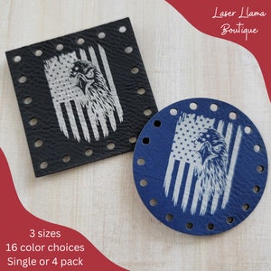May include: Two leather patches featuring an American flag design with an eagle. The patches are available in 3 sizes and 16 colours. The patches are available as a single patch or in a 4 pack. Laser Llama Boutique.