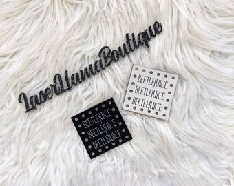 Beetlejuice x3 font 1/Beetlejuice Patch/Handmade crafts/Crochet, Knit or Sew On Tags/Halloween Labels for Beanies, Cozies, Blankets, Baskets