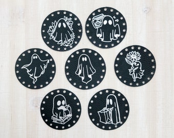 Whimsical Ghosts 2" Round Patches ~ Leather Tag ~ Handmade Halloween Items ~ Spooky Labels ~ 18 colors ~ Knitting ~ Crochet ~ Beanies