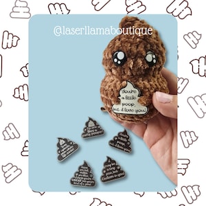 Positive Poo Emoji Amigurumi Tags - Set of 5 with Fun Sayings ~ Tags for Plush Toys ~ Crochet and Knit Stuffies ~ 2 colors ~ Faux Leather