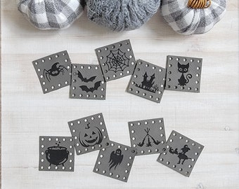 Halloween Images Eco Friendly Faux Leather Patches/Tags for Handmade Halloween and Fall Items/Crochet, Knit, Sew Labels/2 Sizes/15 colors