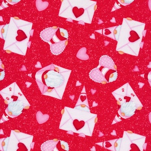 Gnomie Love, Red Gnomes and Envelopes by Shelly Comiskey, Henry Glass,Valentine fabric, 100% cotton quilting sewing fabric, Sold by 1/2 Yard