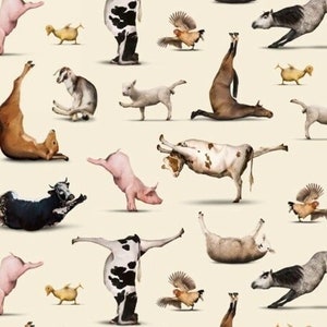 Animal Yoga fabric, Cute Animal fabric, Farm Animals, Elizabeth’s Studio, 100% cotton quilting fabric,  SOLD in 1/2 YARD Increments